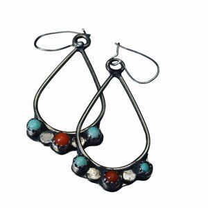 Native American Teardrop Earring Serrated Bezel Vintage Sterling Turquoise Coral